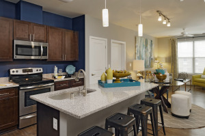 3350 at Alterra kitchen with espresso cabinets, stainless appliances, large island with seating. View into living room.